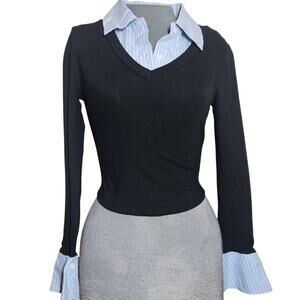 Commense Black V-Neck Layered Look Blouse with Blue Pinstripe Shirt Detail